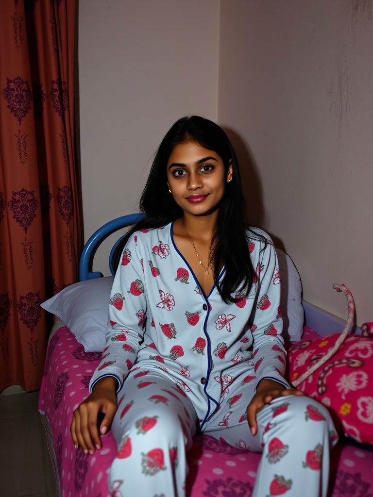 A person in strawberry-themed pajamas sits on a bed with matching decor.