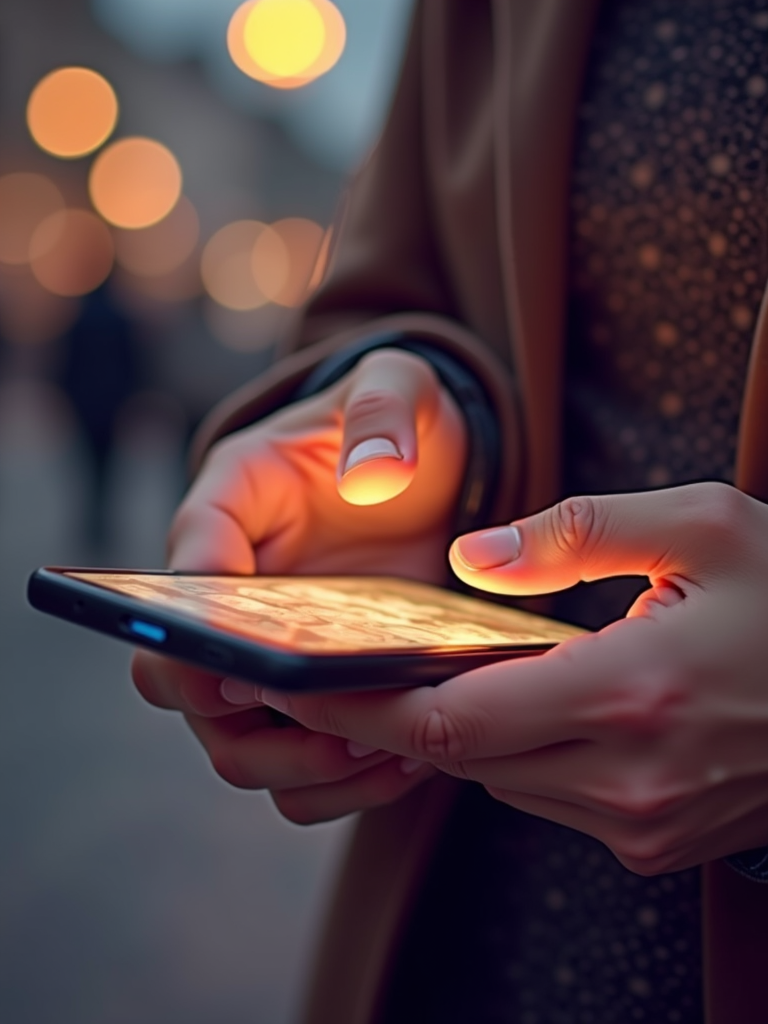 A close-up of hands using a smartphone at night, with warm streetlights creating a bokeh effect in the background.