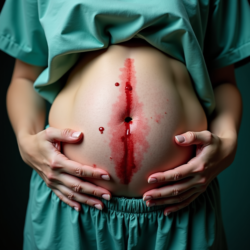 A pregnant belly with surgical scrubs and red paint simulating a surgical incision, evoking themes of expectancy and medical intervention.