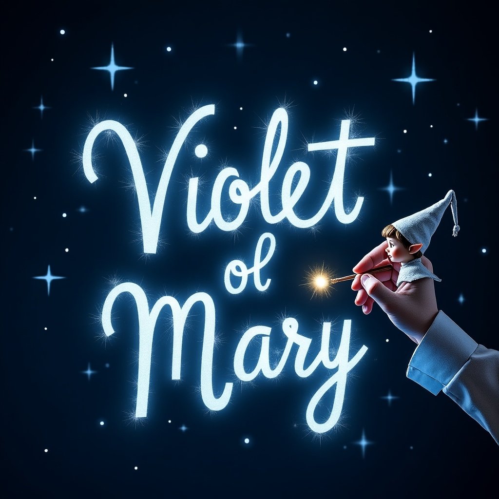 An elf writes 'Violet Mary' in shining letters using a magic wand against a dark starry background. The text sparkles with light blue and white colors. The scene is magical and inviting, reminiscent of a fairy tale.