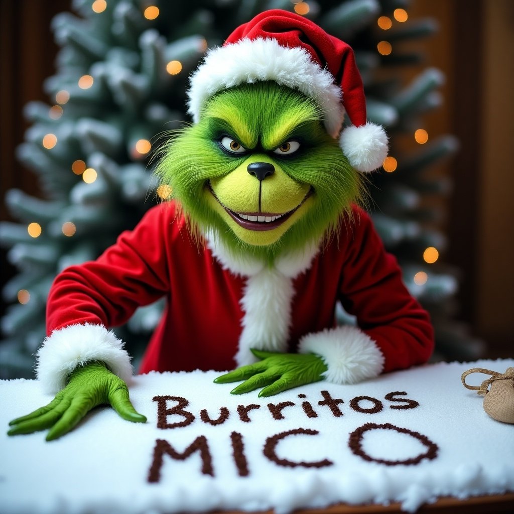 A hyper-realistic photo featuring the Grinch in a Santa Claus suit. The Grinch smirks while holding a bag. In front of a snow-covered table, he writes 'Burritos MICO' in the snow. Behind him is a decorated Christmas tree.