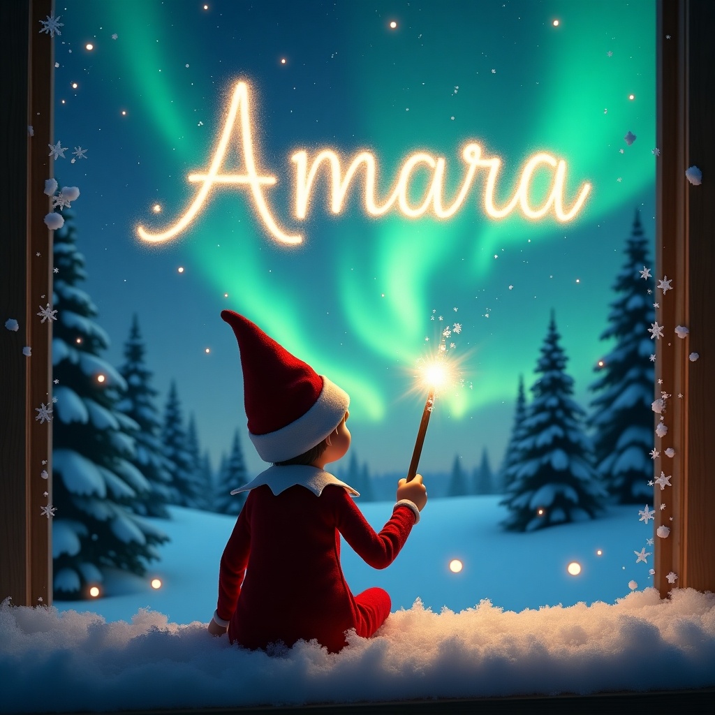 The image features an elf sitting with its back to the viewer, gazing up at a dazzling sky filled with northern lights. This elf is depicted using a magic wand to write names, like 'Amara,' in sparkling light above. The scene is set in a picturesque winter wonderland, where soft snow blankets the ground and evergreens tower in the background. The overall ambiance is festive and enchanting, capturing the spirit of Christmas dreams and childlike wonder. Frosty white snowflakes add a final touch of whimsy to the magical scene.