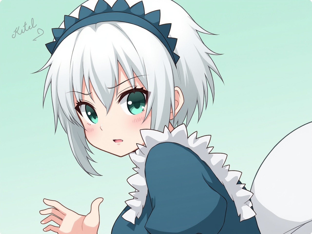 This image features an anime-style character portrayed with turquoise eyes and short white hair. She sports a cute yet grumpy expression, reminiscent of Kubo Tite's distinctive art style. The character wears a blue maid dress, complete with a frilly apron and headband. Her long eyelashes and soft lips add to her charm. The background is a soft gradient that enhances her features, making her stand out. This portrayal reflects typical themes in anime art, emphasizing expressive characters and vibrant color schemes.