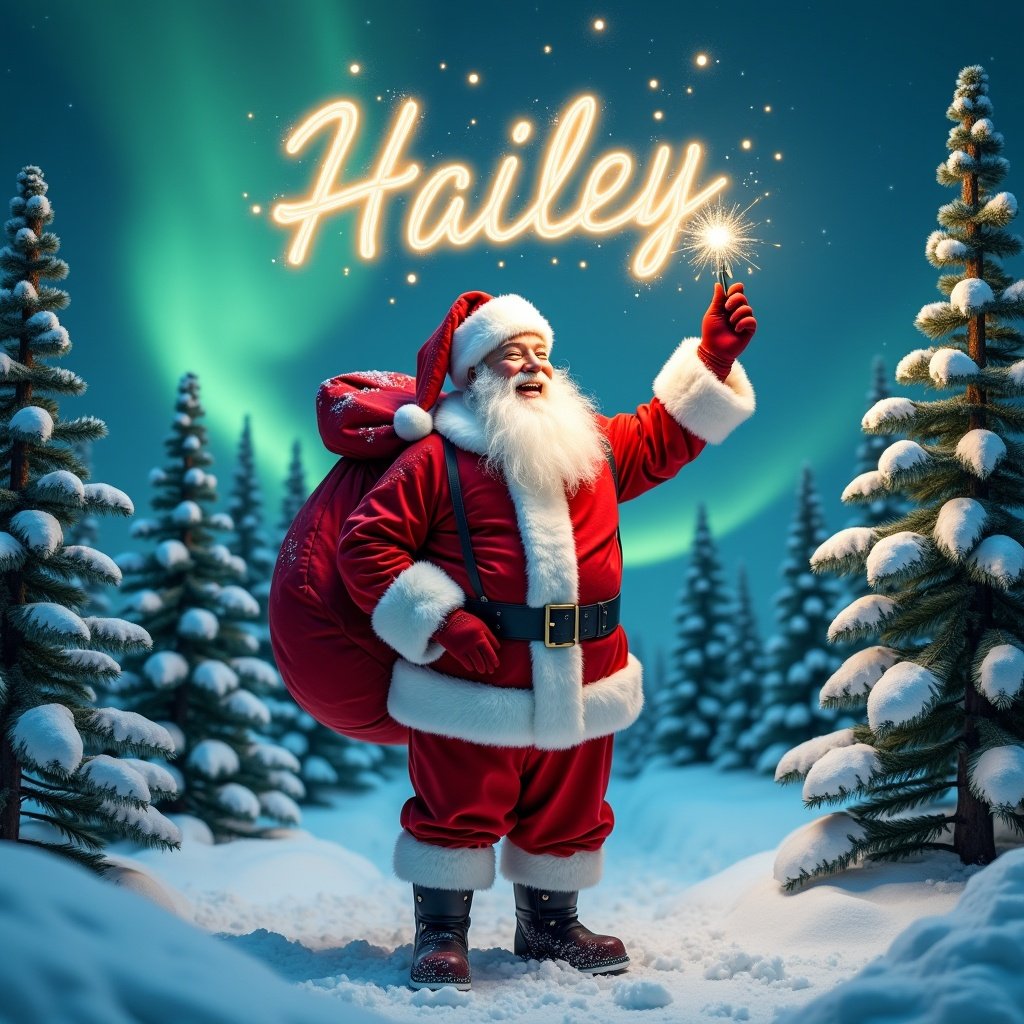 The image features a cheerful Santa Claus standing in a snowy landscape. He has a large red sack slung over his shoulder and is holding a sparkly wand. Santa is dressed in his traditional red and white outfit, complete with a belt and boots. Behind him, the night sky is illuminated with twinkling stars. Pine trees dot the snowy ground, encapsulating a festive winter atmosphere. The name 'Hailey' glows above him, adding a personalized touch to the magical scene.