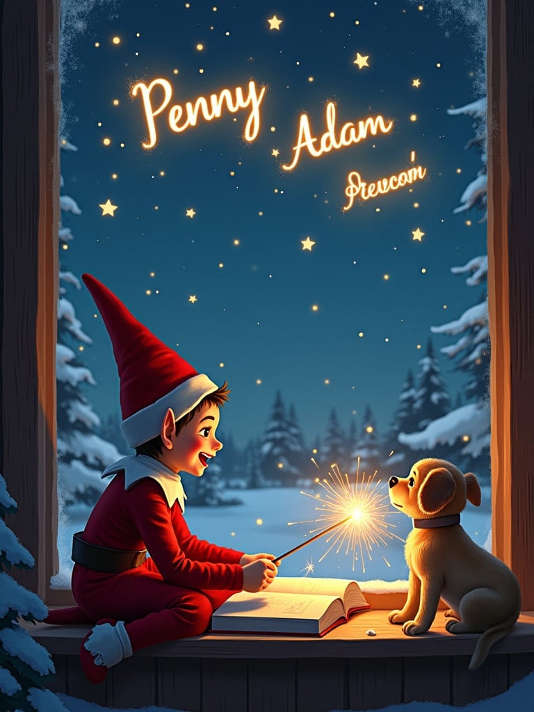 Elf wearing red outfit and pointy hat sits at cozy window. Scene illuminated by starry night sky. Elf happily writing in book with sparkler. Beside elf, small dog watches sparker glow with curiosity. Outside window, snowy landscape creates festive atmosphere. Elf shows delight and concentration while writing names 'Penny' and 'Adam' in sky with sparkler light.