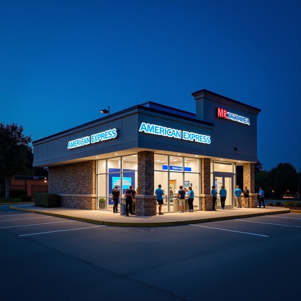 American Express credit union building features a drive-thru service. Customers are outside with a clear blue sky in the background. Night view highlights Mrs. Sanjana's name illuminated.