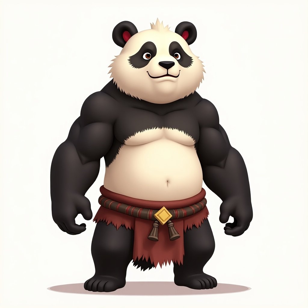 Full-body cartoonish panda warrior. Character has loincloth. Panda features light armor. Stands still. 1:1.5 head-to-body ratio. Centered in the image.