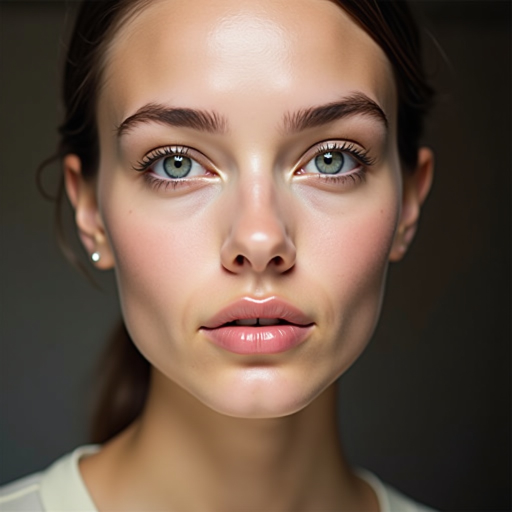 A close-up portrait of a face. Natural appearance with clear skin. Emphasis on eyes and lips. Soft lighting enhances features.