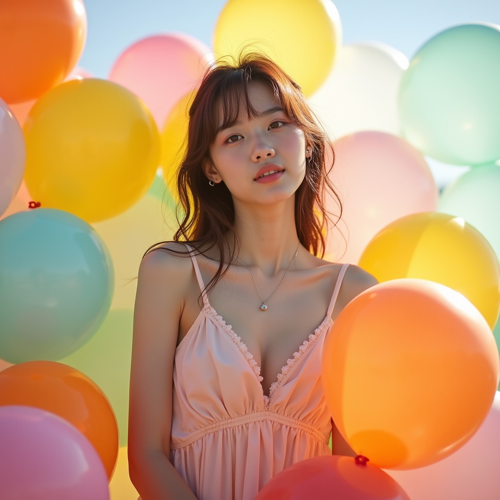 This image captures a teenage girl with a strong presence, dressed in summer attire. She stands confidently among a cluster of colorful balloons, all around her. The sunlight gently illuminates her, causing her fair skin to reflect the vibrant colors of the balloons. This creates a lively and festive atmosphere. Her expression is relaxed and joyful, embodying the spirit of summer. It’s a moment of youthfulness and fun, perfect for seasonal campaigns.