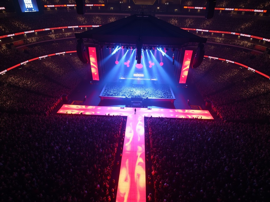 This image showcases an impressive aerial view of a Travis Scott concert held at Madison Square Garden. The stage features a T-shaped runway, creating a unique setup that draws the audience's attention. Colored lights illuminate the stage, adding a vibrant atmosphere that enhances the live performance experience. The crowd fills the seats, showcasing the popularity of the artist and the excitement of the event. This dynamic scene captures the essence of a modern concert, blending music, light, and community.