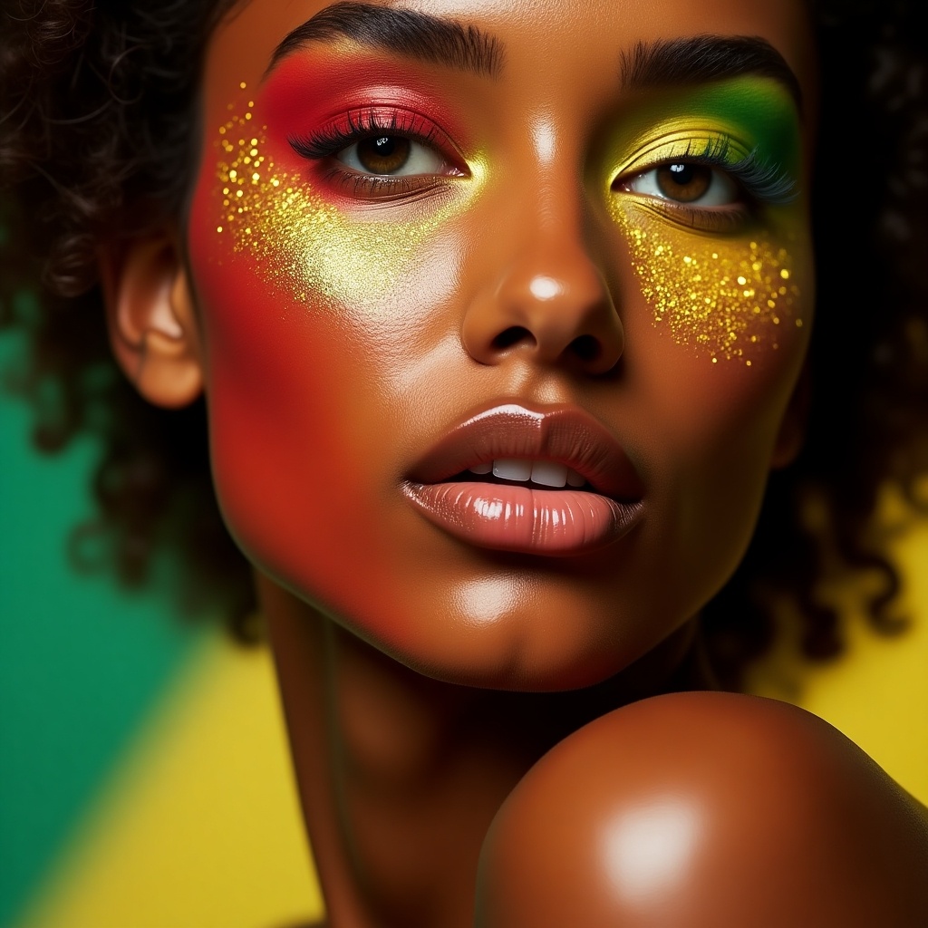 Close-up view showing a woman's shoulders and lips with bright colors on her skin. Red, yellow, and green colors blend well, with gold glitter adding sparkle. Soft lighting enhances natural beauty and makeup details. Artistic portrayal celebrating beauty.