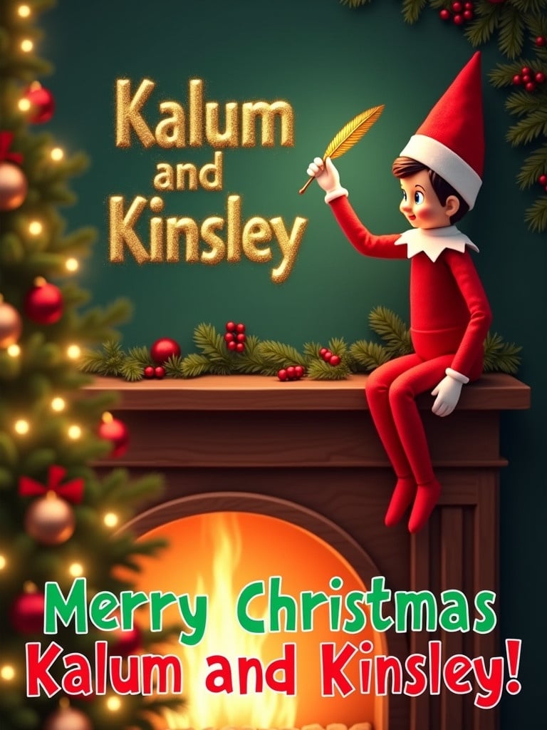 Cheerful Christmas card with a mischievous elf on a wooden mantle. Elf holds a golden quill. Name 'Kalum and Kinsley' is written in stardust above fireplace. Background has a sparkling Christmas tree. Words 'Merry Christmas, Kalum and Kinsley!' in playful lettering at the bottom.