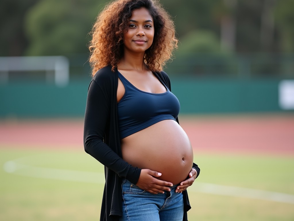 The image features a pregnant woman standing in an outdoor setting. She has curly hair and is wearing a blue top with a cardigan. The focus is on her visibly round pregnant belly. Her hands gently cradle her belly, evoking a sense of care and love. The background is softly blurred, highlighting her figure, and the light creates a warm and inviting atmosphere. This image can represent joy, anticipation, and the beauty of motherhood.