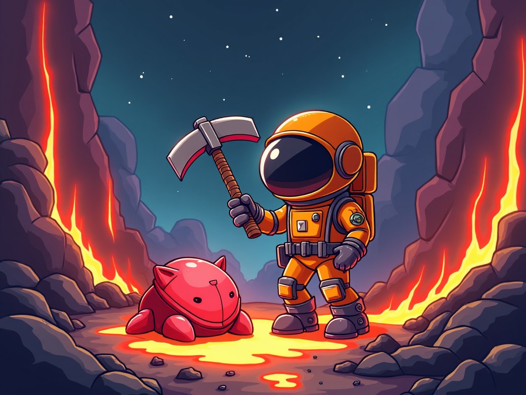 Illustration of an astronaut holding a pickaxe standing next to a red alien creature in a rocky, fiery landscape.