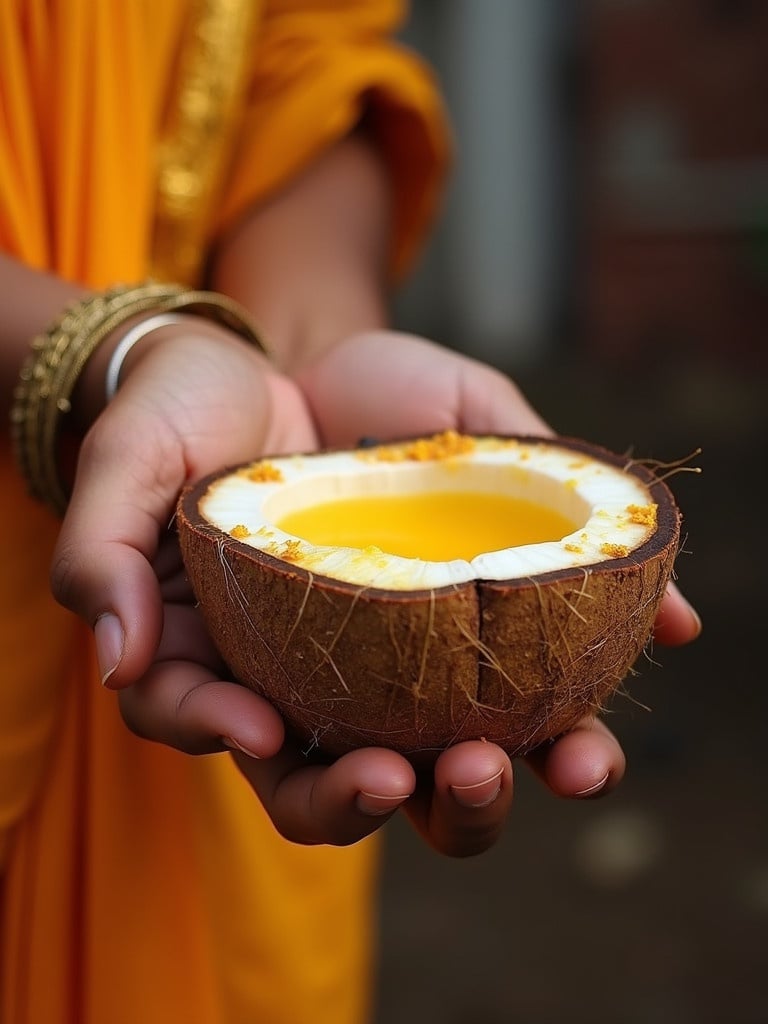 A human hand presents a ghee-filled coconut. The coconut is split open, revealing its yellow and white interior. Rich natural lighting enhances the scene. This offering represents devotion to Lord Ayyappa. It symbolizes the unity of body, life force, and soul. Perfect for illustrating religious practices and cultural significance.