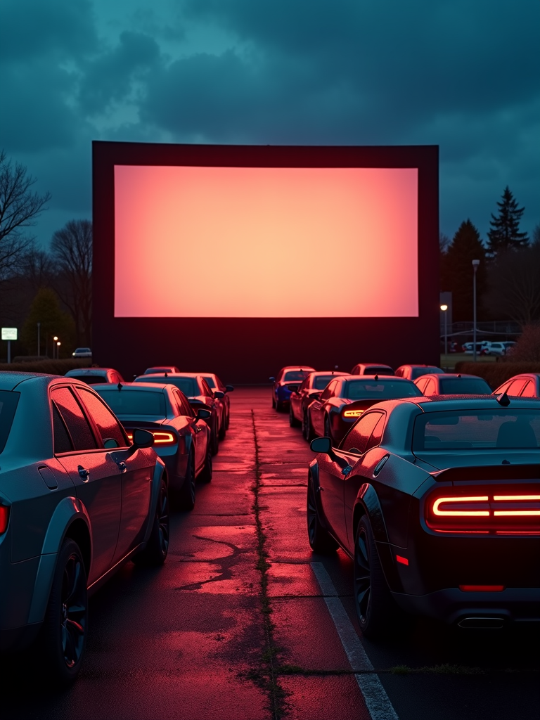 Cars are parked in a drive-in cinema lot, facing a blank red display screen under a moody evening sky.