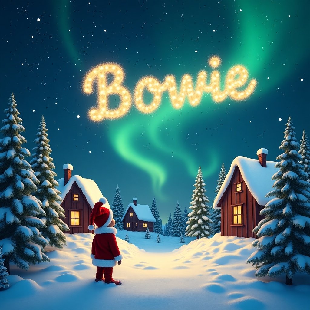 Snowy landscape with charming houses and evergreen trees illuminated by Northern Lights. A playful elf in Santa attire watches as the name 'Bowie' sparkles in the sky. The scene represents Christmas magic and joy.