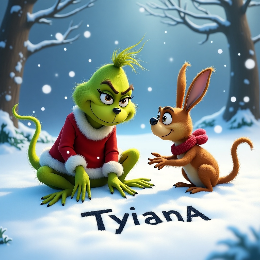 The Grinch and his dog Max are sitting on snowy ground. They are writing the name Tiana in the snow. The scene is winter-themed and whimsical.