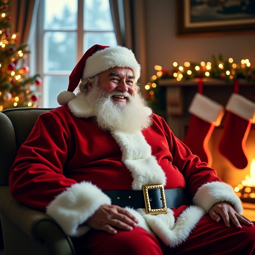 Portrait of Santa Claus smiling. He wears a red suit with white fur trim and a black belt. Background features a Christmas tree and stockings. The ambiance is warm and festive.