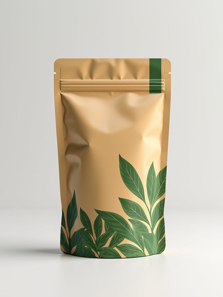 Stand-up pouch for tea packaging with natural leaf designs. Made from laminated materials like plastic or kraft paper. Flat base allows pouch to stand upright on shelves. Resealable zipper and tear notch for convenience. Eco-friendly design with vibrant colors.