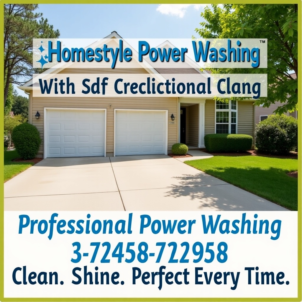 The image showcases a residential property with a neat lawn and garage doors. Homestyle Power Washing branding is prominent. The slogan emphasizes cleanliness and perfection. A sense of cleanliness is suggested.