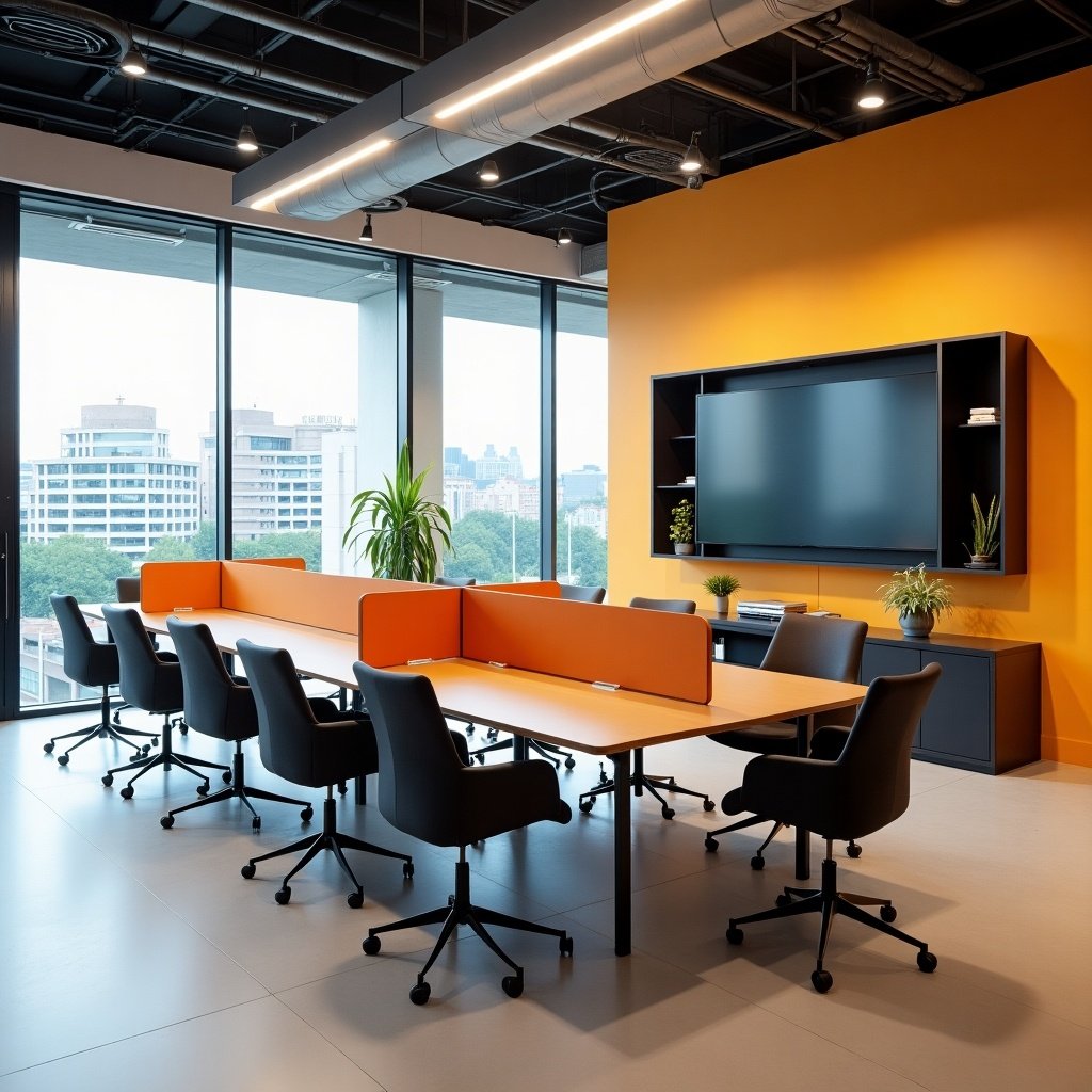 Modern office design with a conference table and black chairs. Large windows provide a view of the city skyline. Orange accent wall adds vibrancy. Includes plants for a fresh look.