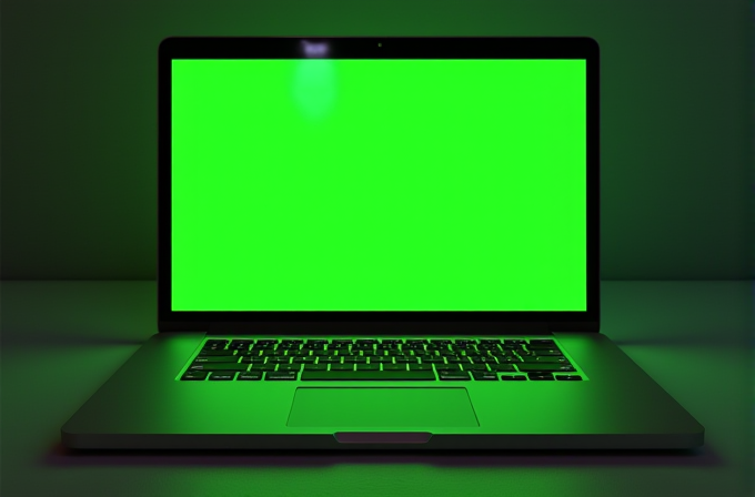 A laptop with a bright green screen emits a vibrant neon glow, casting subtle green hues on the surrounding area.