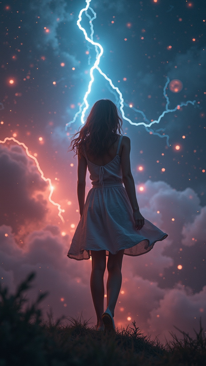 A young woman in a flowing white dress stands on a grassy hill, gazing upward at the dramatic sky illuminated by vibrant lightning. The scene is both mystical and powerful, with blue and orange hues lighting up the clouds around her, creating an ethereal atmosphere. Her silhouette against the dazzling backdrop evokes a sense of awe and wonder.