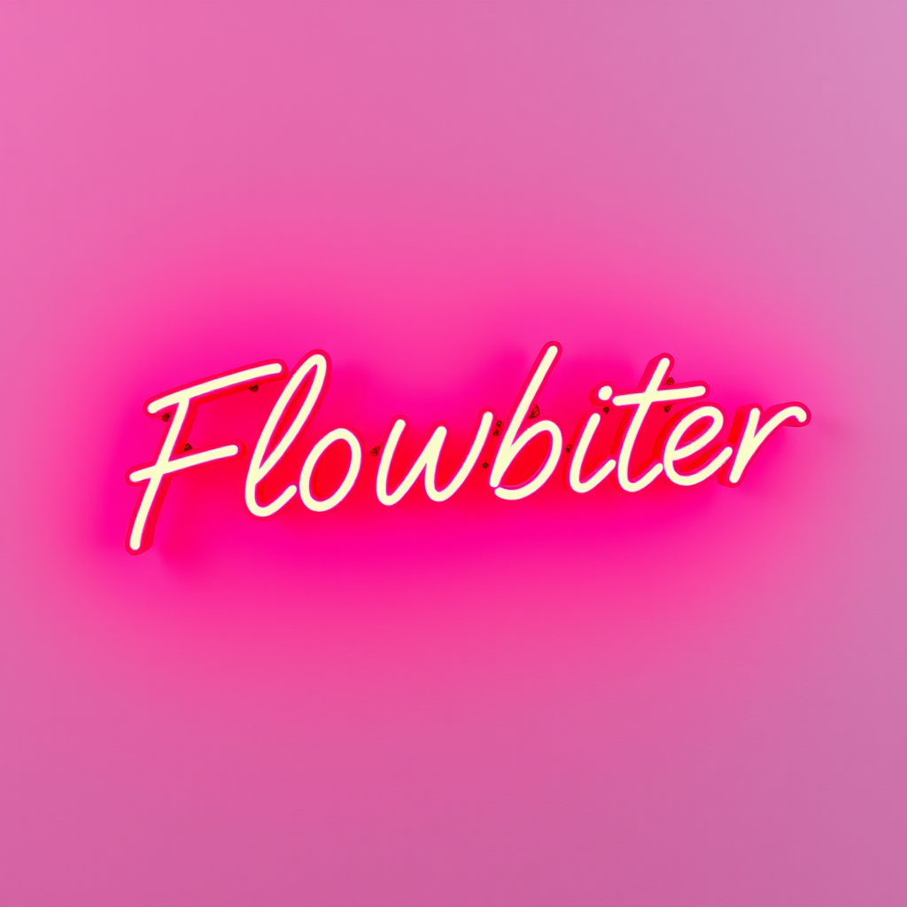 A pink neon sign displaying the word 'Flowbiter' against a matching pink background.