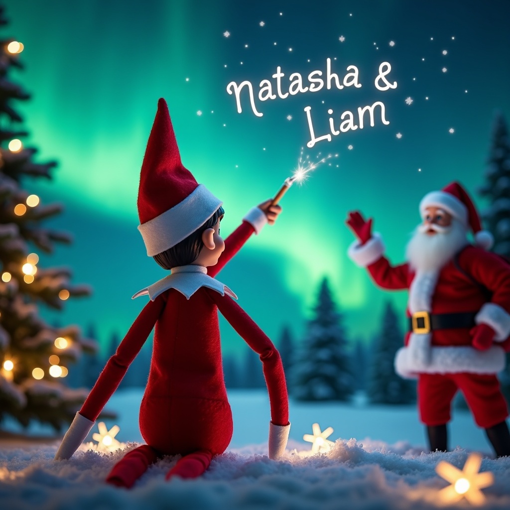 An adorable nighttime scene portrays an Elf on the Shelf with his back to the viewer, overlooking a stunning sky lit by the northern lights. Dressed in traditional holiday attire, the elf uses a magic wand to write the names 'Natasha' and 'Liam' in the air. Behind him, Santa Claus waves joyfully, contributing to the festive atmosphere. The background features a beautifully decorated Christmas tree and fairy lights twinkling in the snow. The entire setting evokes a sense of wonder and joy that embodies the holiday spirit.