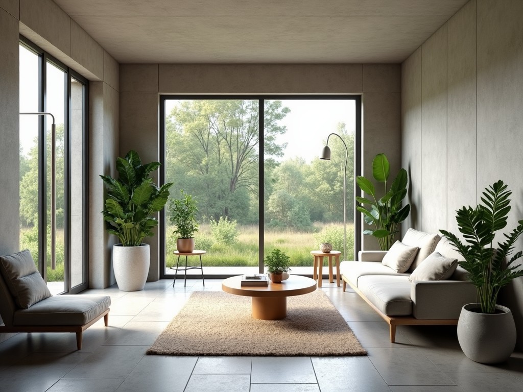 This image depicts a modern living room characterized by its concrete core activation design. It features large glass doors that invite plenty of natural light, seamlessly blending the indoor and outdoor environments. The space is arranged with a neutral color palette and elegant furnishings, including a cozy sofa and a circular coffee table. Lush green plants are strategically placed, adding a refreshing touch to the ambiance. The flooring is sleek and complements the minimalist aesthetic, providing a tranquil yet sophisticated living area.