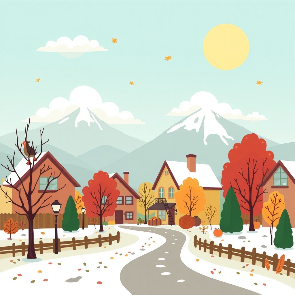 a charming illustration of a village under a blue sky, with snow and autumn leaves, mountains in the background, colorful trees, and quaint houses