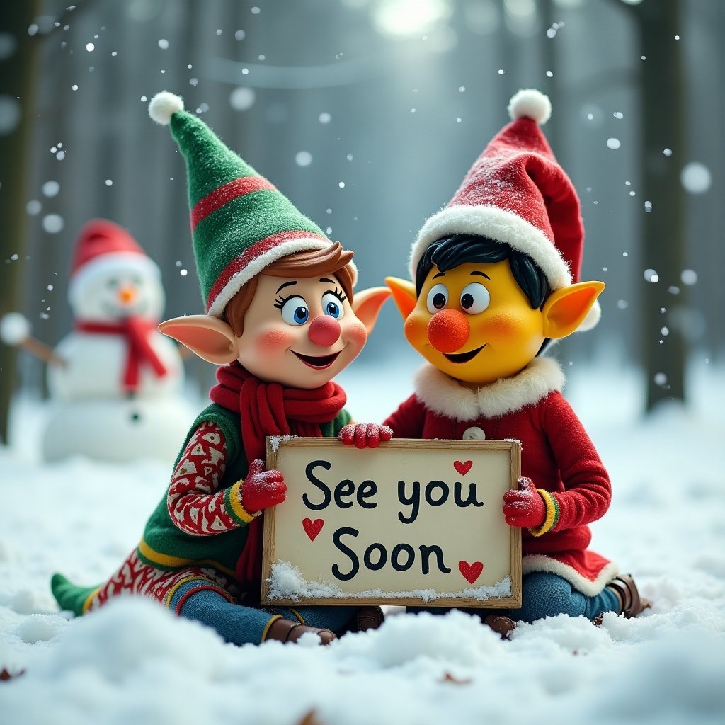 Two elves in a snowy landscape. They hold a sign that says See you Soon. A snowman is in the background. They have cheerful expressions and festive attire.