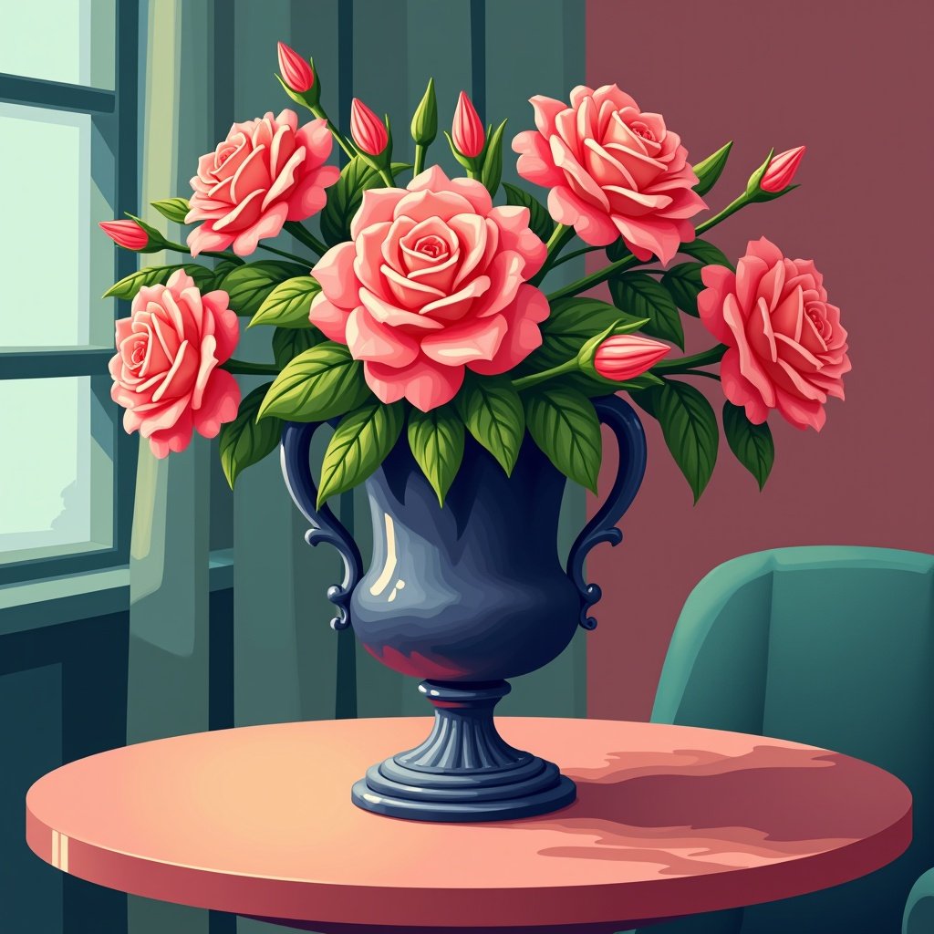 A stylized urn is filled with pink roses with green leaves. The arrangement is bright with a navy blue urn on a round table. The background features soft curtains and a cozy setting.