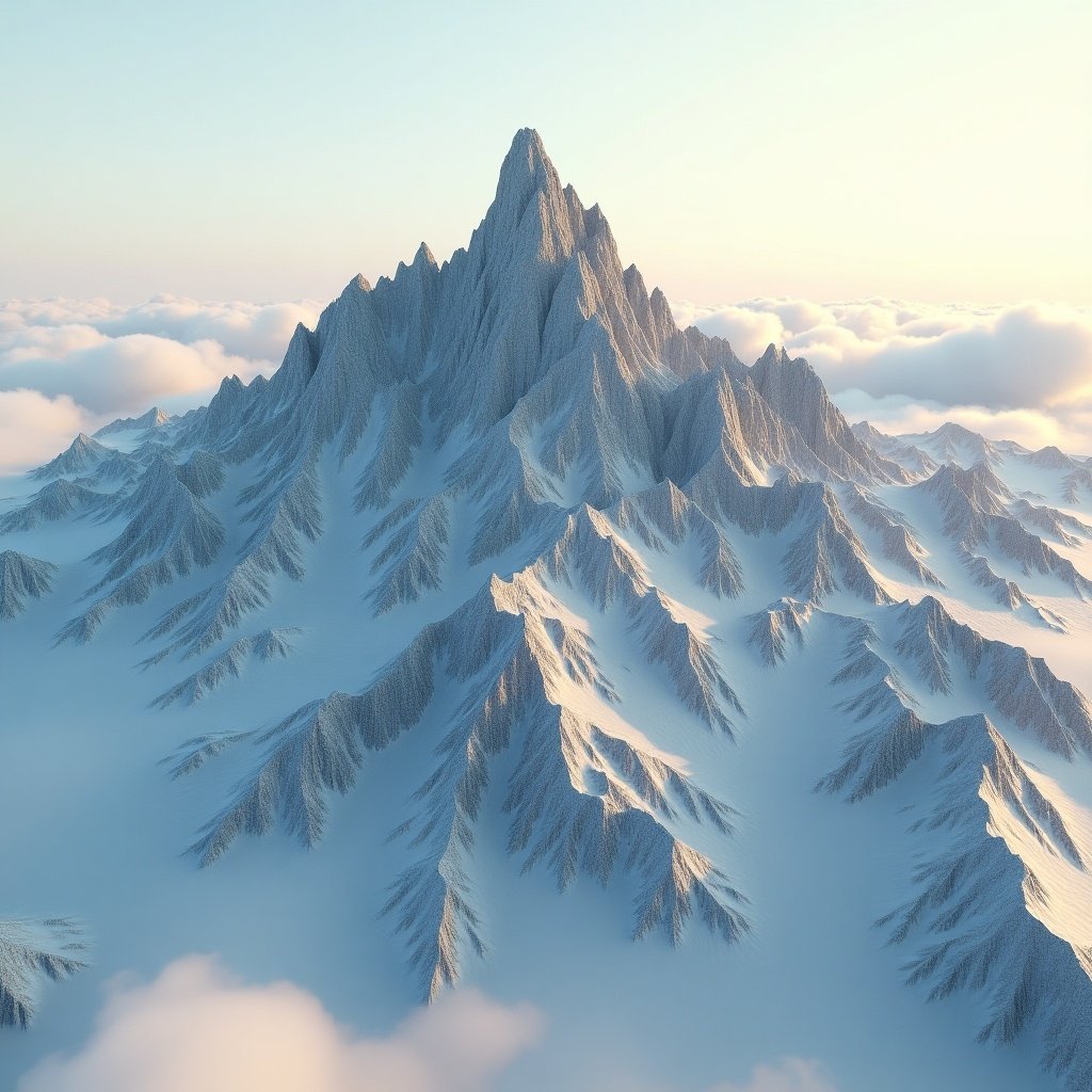 Heightmap of a wide mountain range with a towering peak. Mountains covered in snow and surrounded by clouds. Aerial view perspective.