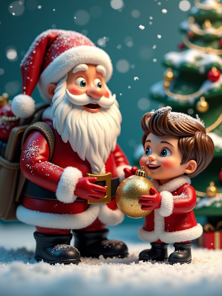 Playful holiday scene with Santa Claus and a child. Santa holds a gift. The child holds a gold Christmas ornament. Christmas tree in the background. Snowflakes are falling.