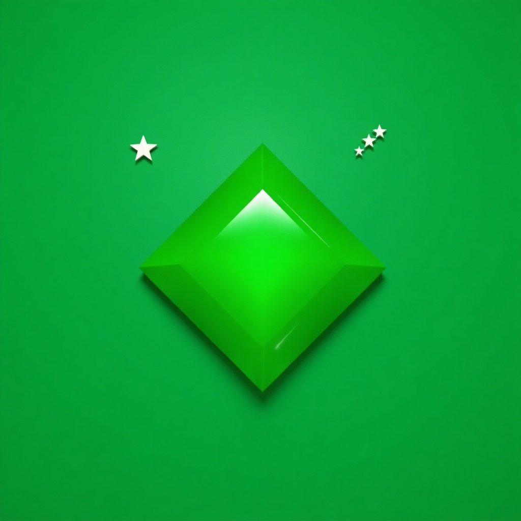 Flat green background with bright emerald green rhombus-shaped gem in the center. Two small white stars on the top sides of the gem.