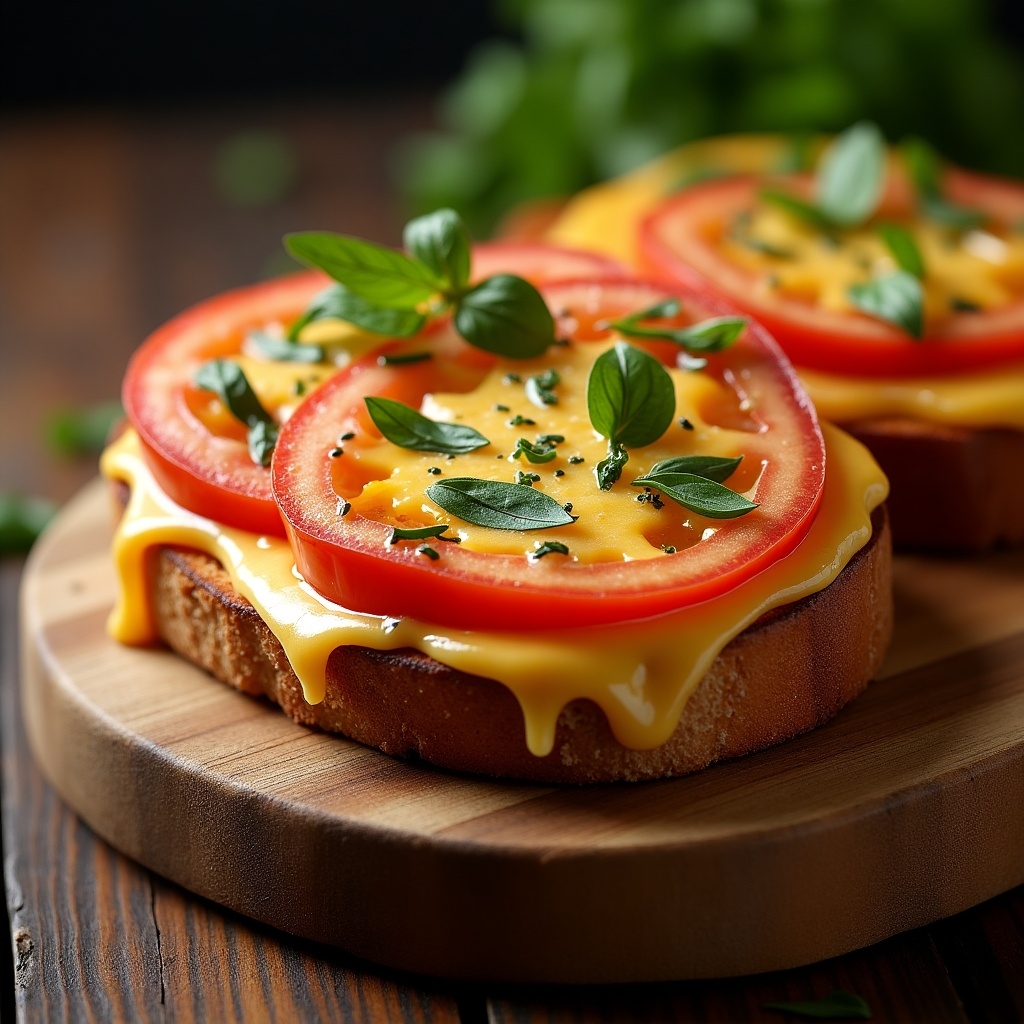 This image showcases delicious Halloumi and cheese toast. It features toasted bread generously layered with melting cheese and fresh tomato slices. The dish is garnished with aromatic basil leaves, adding a vibrant green contrast. The warm colors of the cheese and tomatoes make it look appetizing. This toast is perfect for a quick meal or a fancy brunch. A rustic wooden board serves as the base, highlighting the home-cooked feel of the dish.