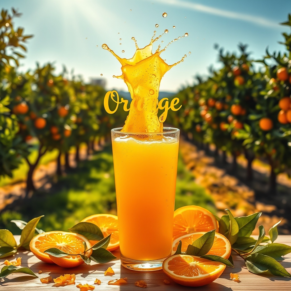 Freshly squeezed orange juice splashes out of a glass amid a vibrant orange grove.