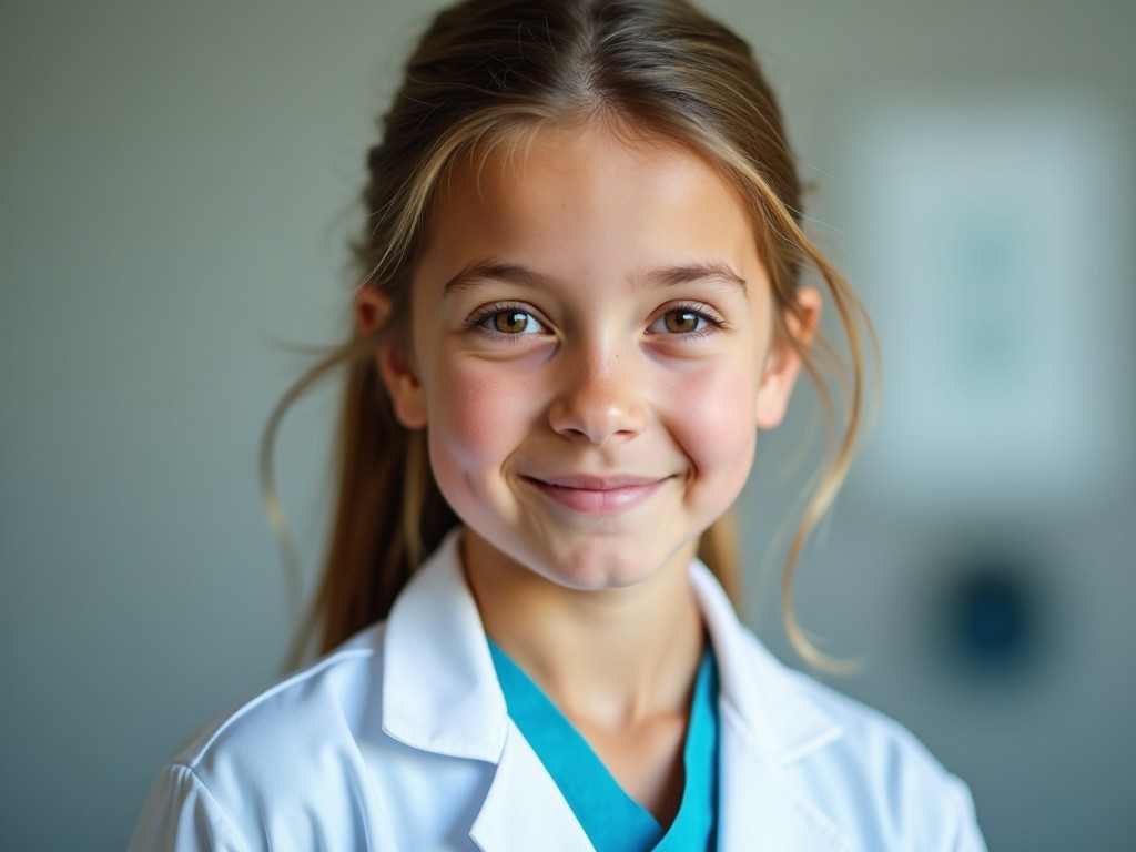 a young girl wearing a lab coat and smiling confidently, suggesting a future in healthcare or medicine