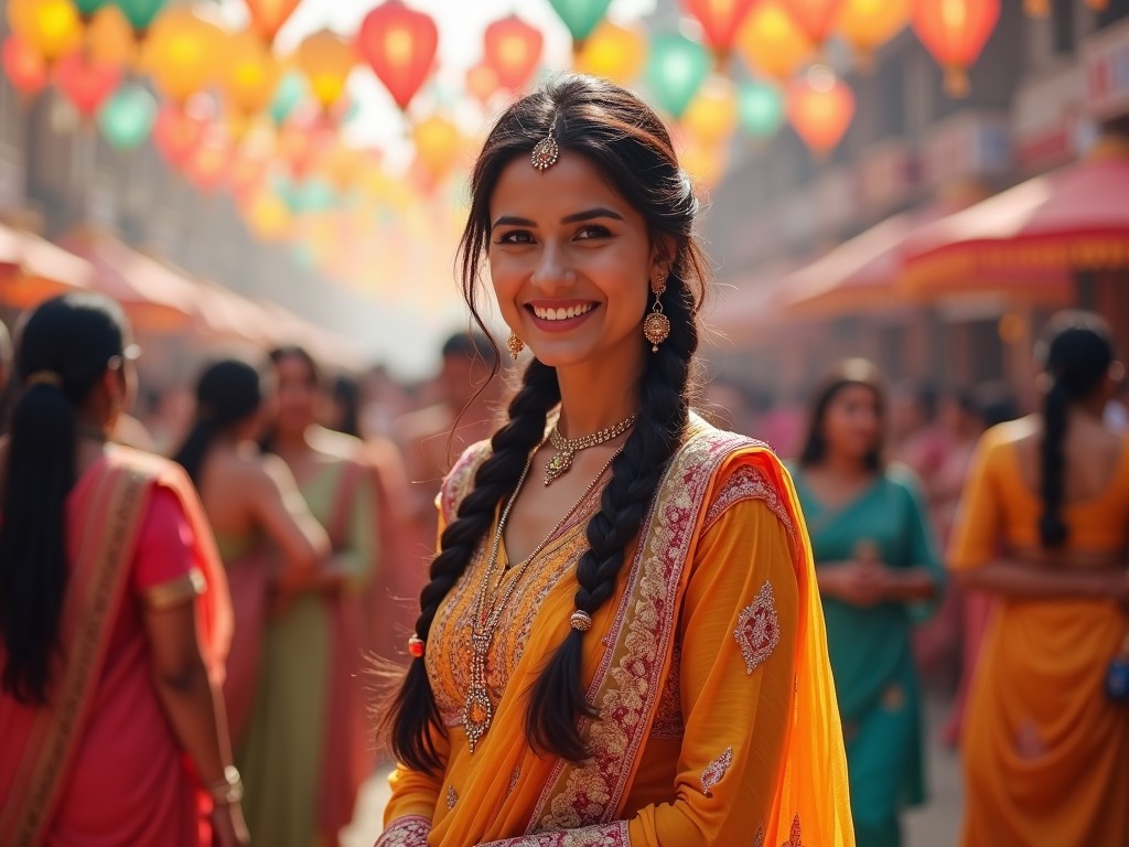 A joyful woman in traditional attire stands in a bustling street filled with colorful lanterns and vibrant activity, typical of a cultural festival. Her bright orange and red sari contrasts beautifully against the blurred background, enhancing the festive atmosphere. The scene captures a sense of celebration and community.