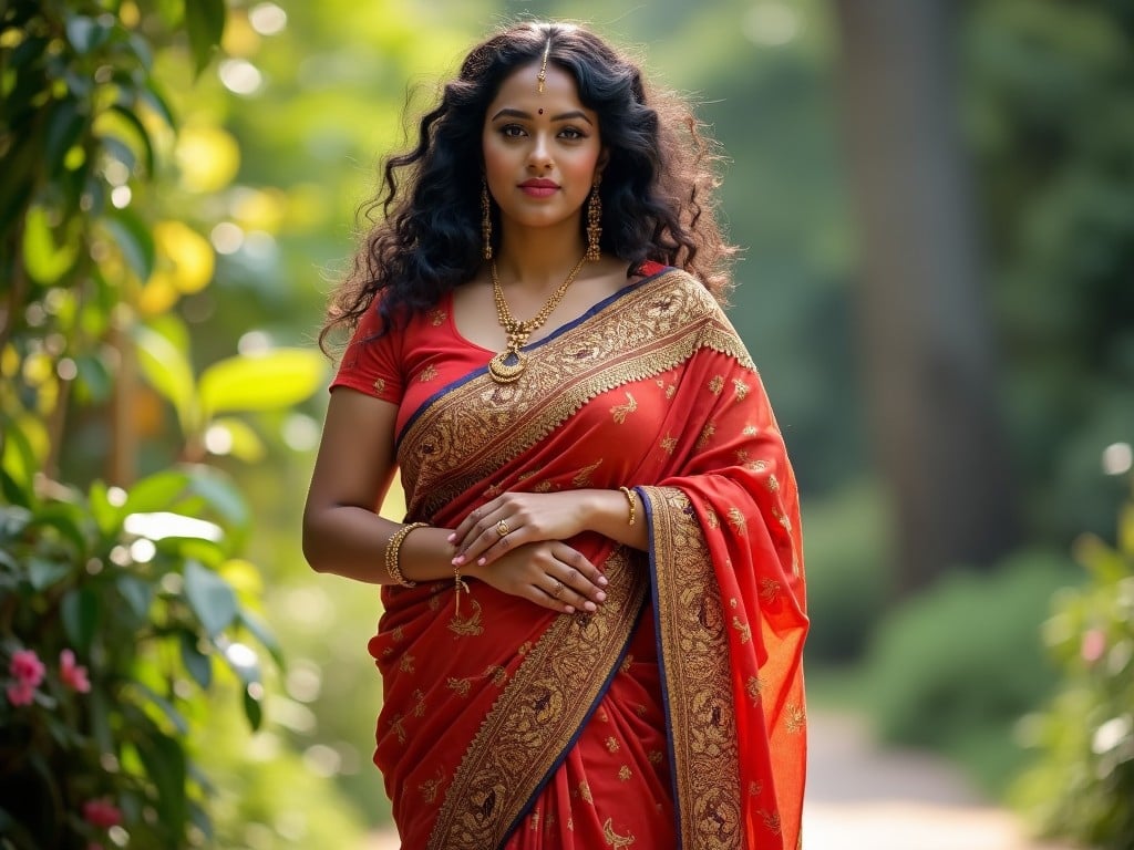 The image features a curvy plus size Bengali woman elegantly dressed in a stunning red saree. The saree showcases beautiful golden embroidery, adding a touch of elegance. She stands confidently with a serene expression, embodying grace and beauty. Surrounding her is a lush green environment that enhances her radiant presence. The natural soft lighting highlights her features, creating a warm and inviting atmosphere. This celebration of body positivity and traditional attire invites admiration and appreciation for cultural diversity.