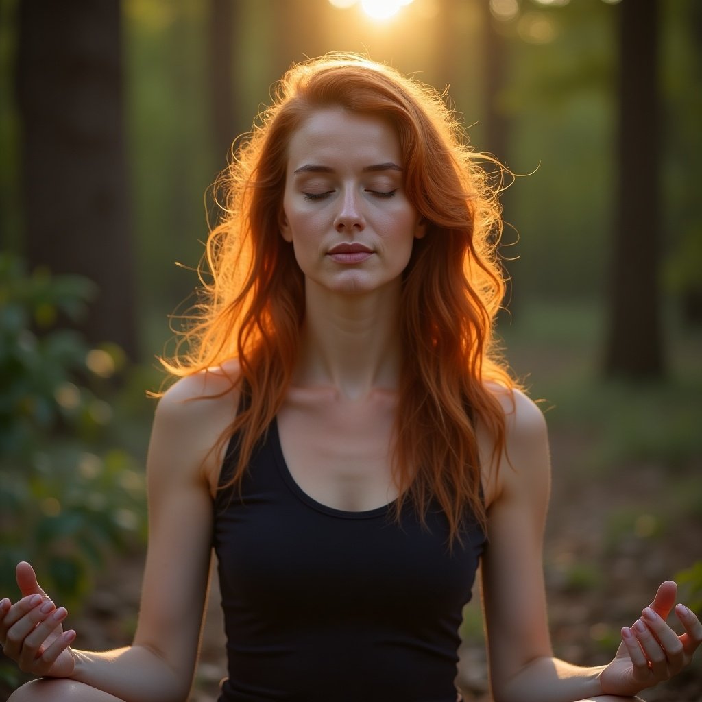 Photo of a woman with red hair in a meditation pose surrounded by nature. The scene evokes a sense of tranquility and focused energy.