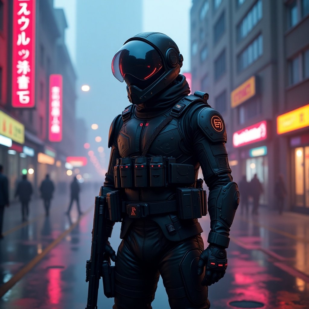 Futuristic soldier in cybernetic armor. Standing in a neon urban landscape. Fog in the street with people in the background.