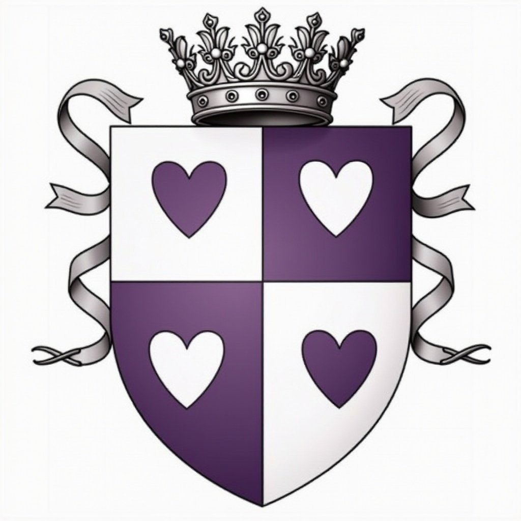 Heraldic shield featuring four charges. Upper left section in pastel purple. Lower right section showcases white charges with dark-purple hearts. Upper right and lower left sections have dark-purple charges with white hearts. Silver ducal coronet placed as crest on top of the shield. Decorative ribbon below with the motto 'Dulcius Ex Asperis.'