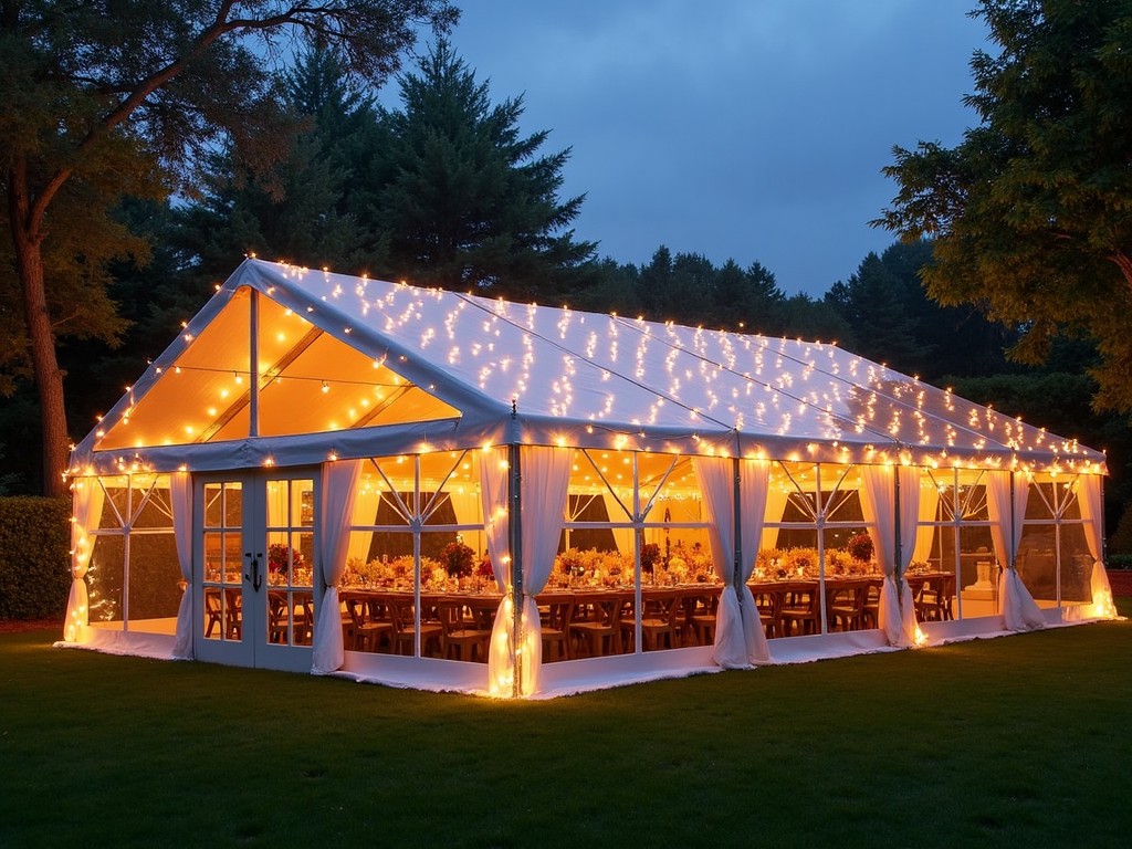 The image depicts a beautifully lit tent set up for an outdoor event during the evening. It features soft, twinkling string lights draped across a white canopy, creating a warm and inviting atmosphere. The area is surrounded by trees, adding a natural backdrop. Inside, tables are set up elegantly for guests, showcasing floral arrangements and decorations. This scene is perfect for weddings, parties, or any gathering that seeks a charming and cozy vibe.