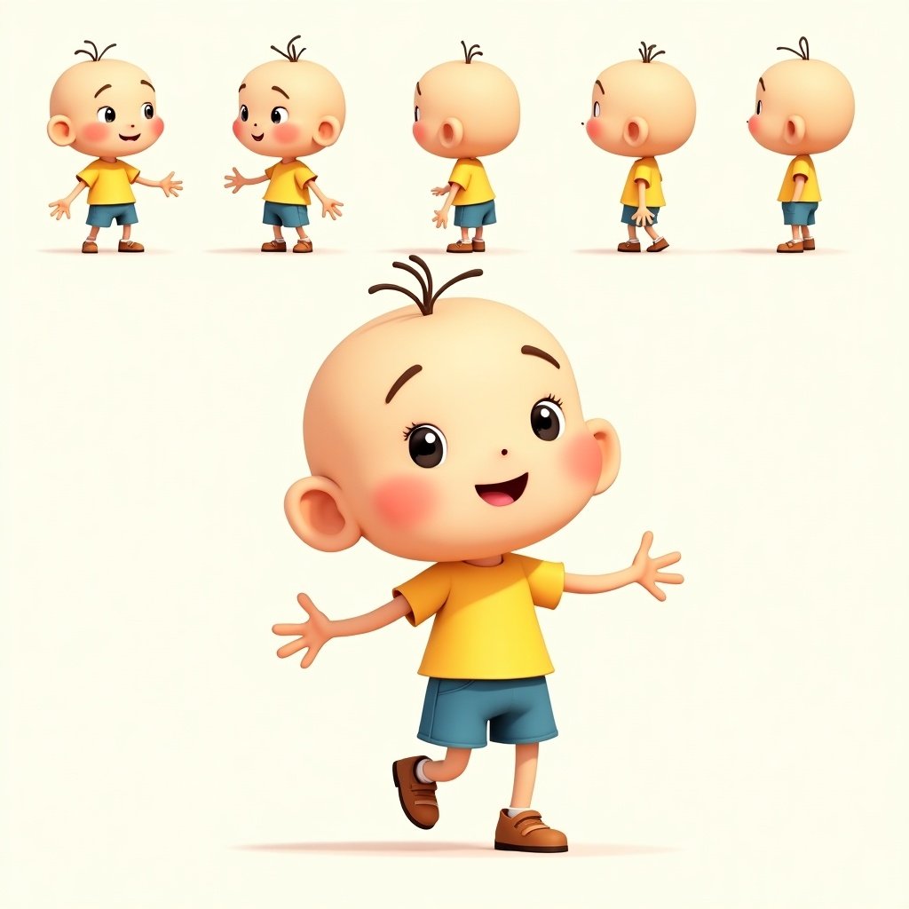 A 2D cartoon character designed for animation. Inspired by the classic cartoon style. Features a cheerful boy with a round head and friendly facial features. Displayed in multiple angles including front, back, side, and 3/4 views. Shows various expressions like happy, sad, angry, and surprised. Poses include standing, running, sitting, and jumping. Dressed in a bright yellow shirt, blue shorts, and simple shoes. Emphasizes clean lines and soft colors, capturing a vintage cartoon feel.