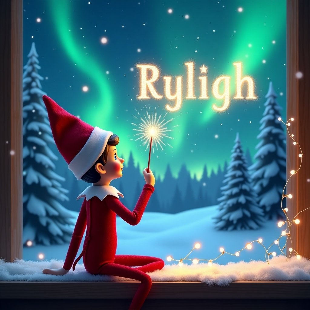 This image depicts an enchanting scene featuring an elf on the shelf. The elf, with its back turned, gazes at a magical sky filled with vibrant northern lights. It uses a wand to trace the name 'Ryleigh' in sparkling effects in the air. The background showcases a beautiful winter wonderland with snow-covered trees. This illustration captures the holiday spirit and evokes a sense of wonder, perfect for children celebrating Christmas.