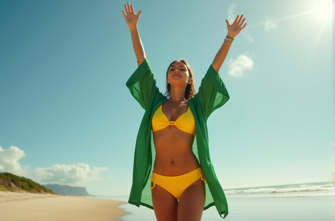 A woman in a yellow bikini and green cover-up is joyfully raising her arms on a sunny beach.