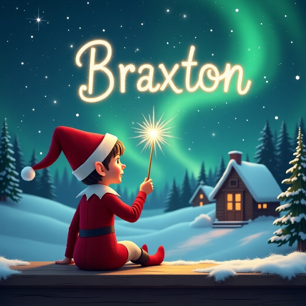 Elf sits on a wooden ledge. Elf has red outfit and pointed hat. Holds a sparkling wand. Writes 'Braxton' in starry sky. Background shows snowy landscape. Featuring little houses and evergreen trees under Northern Lights.